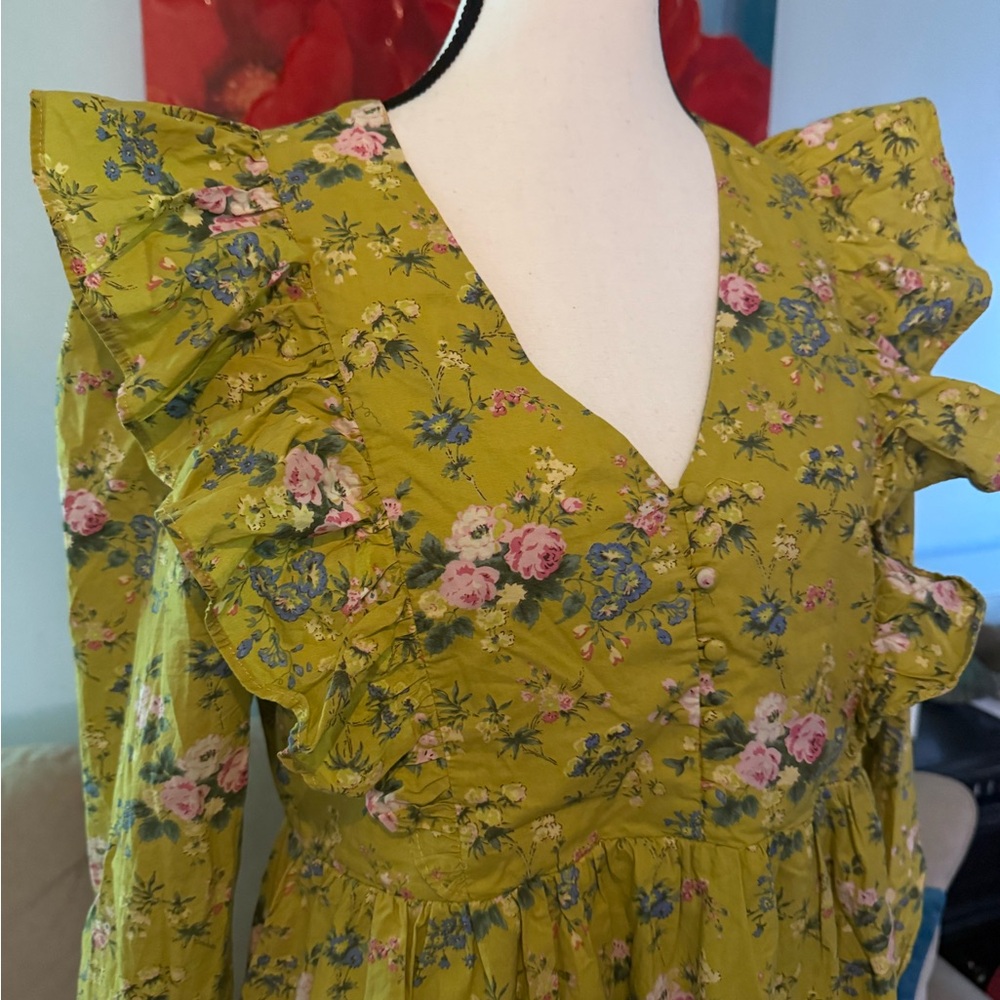 Hyacinth House Dress Womens S Small Green Floral Ruffle Reese Tuckernuck Cotton - Picture 4 of 11